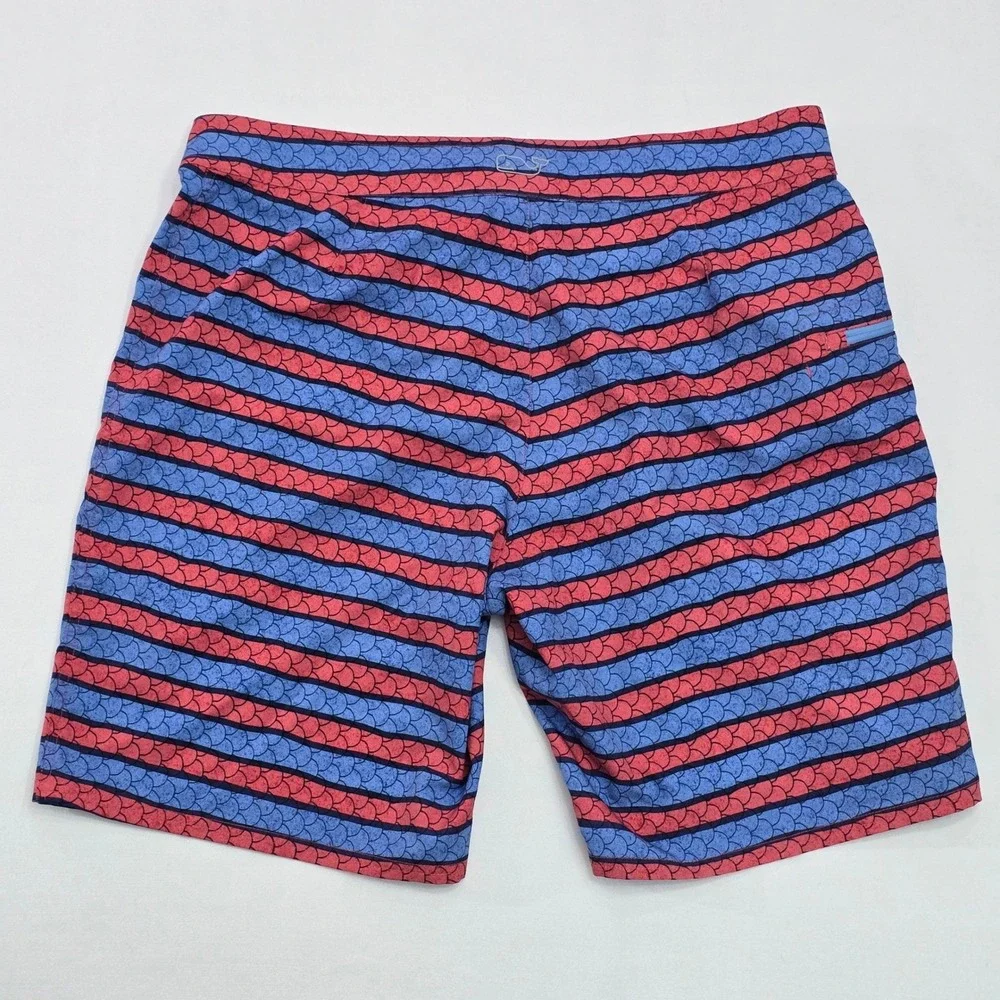 Vineyard Vines Mens 34 Board Shorts Red Blue Striped Fish Scale Swim Trunks